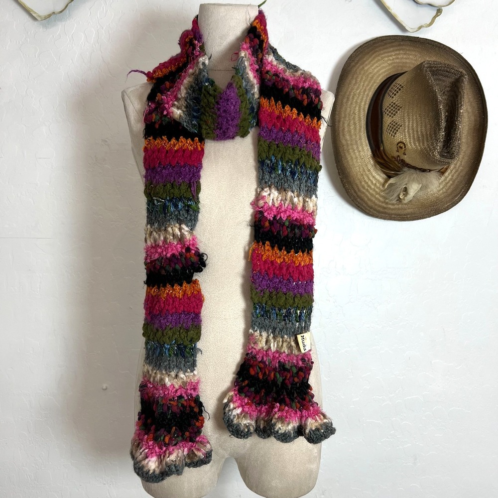 Vintage Mudd Y2K Chunky Knit Crochet Scarf Multicolor Boho Ruffle Edge Striped